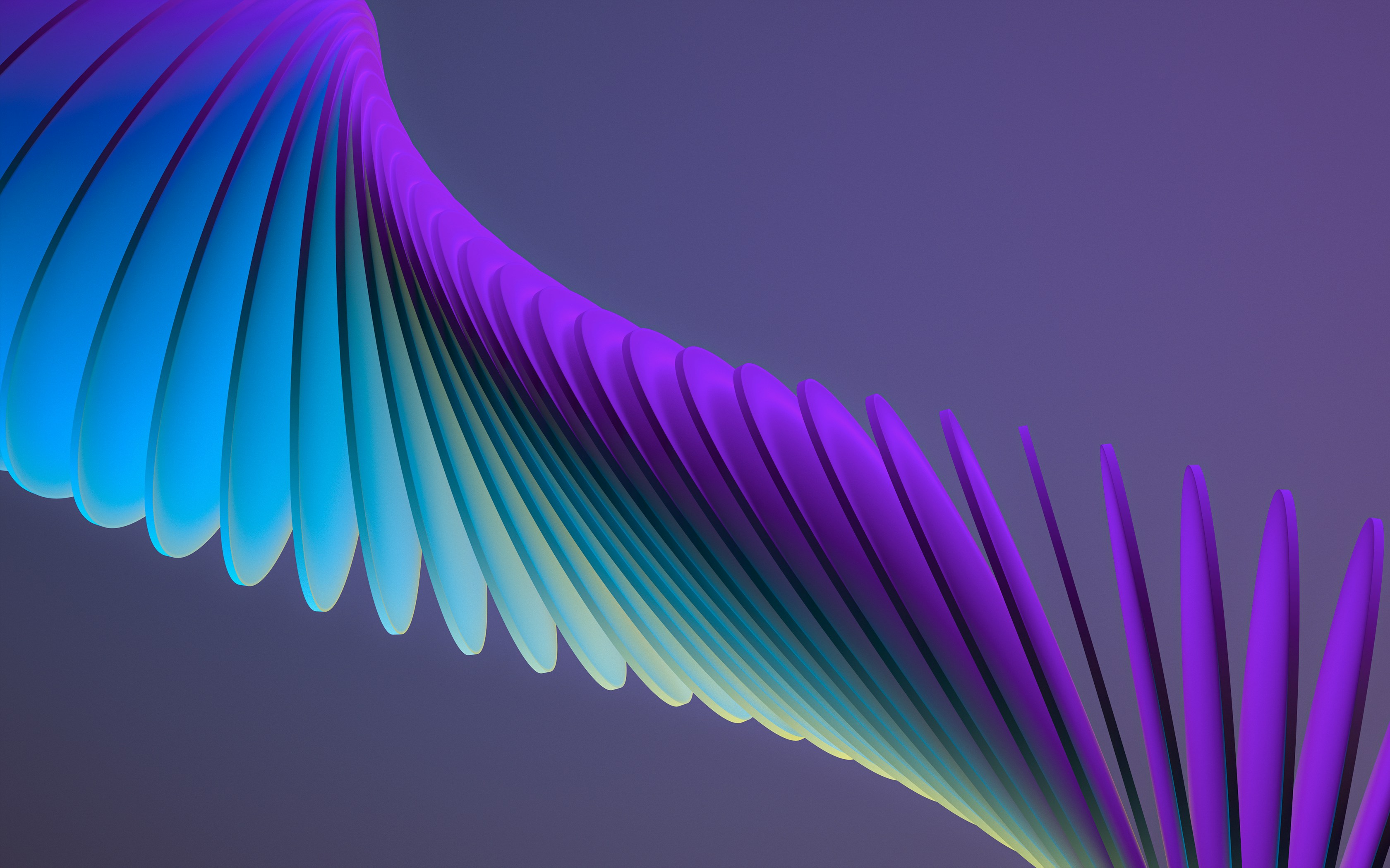 Sculptural purple and teal ribbons moving into alignment